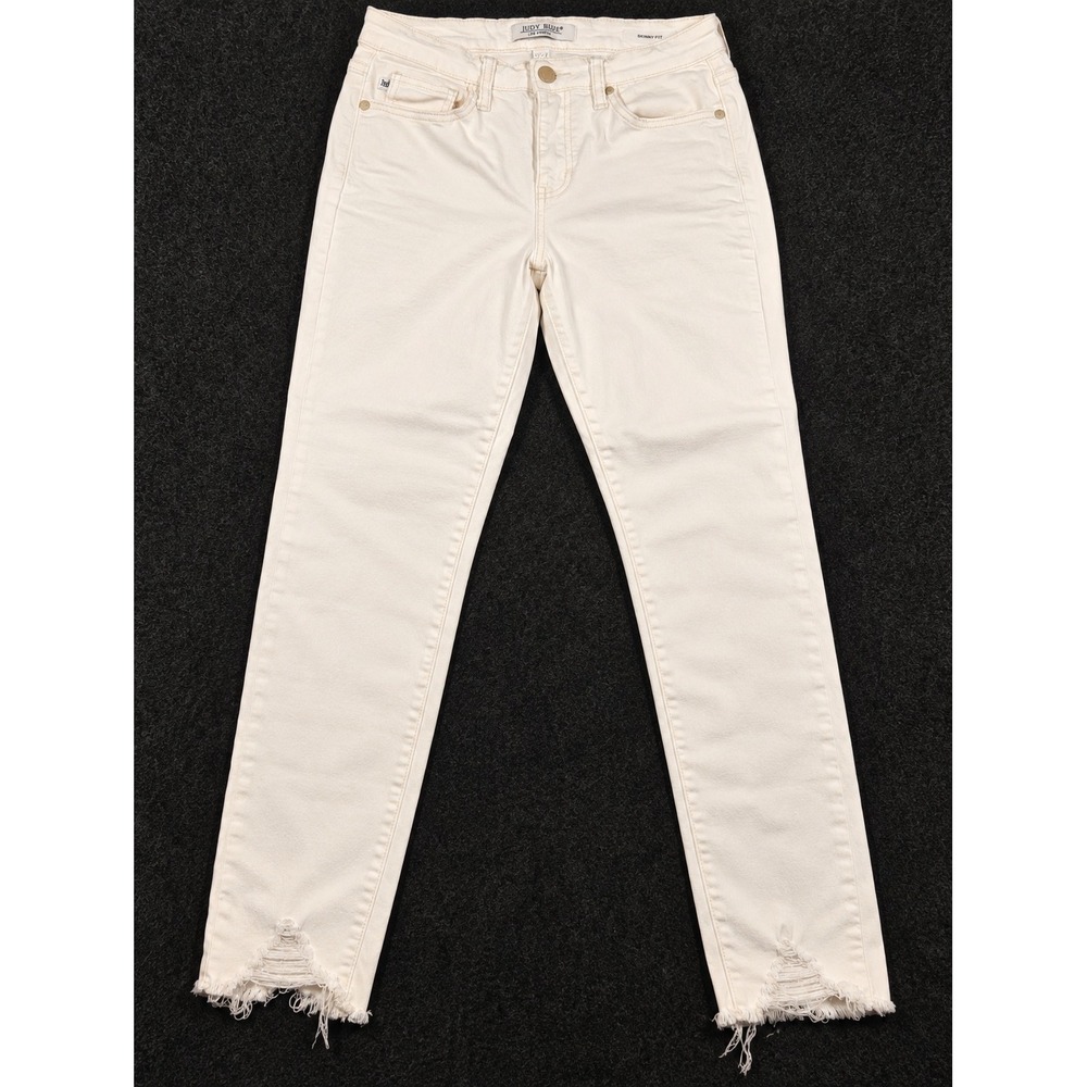 Judy Blue Skinny Fit Jeans Women 1/25 Cream Distressed Raw Hem Mid Rise Denim